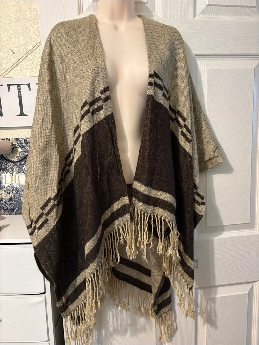 Neutral Brown & Cream Striped Fringed Poncho Wrap or beach coverup